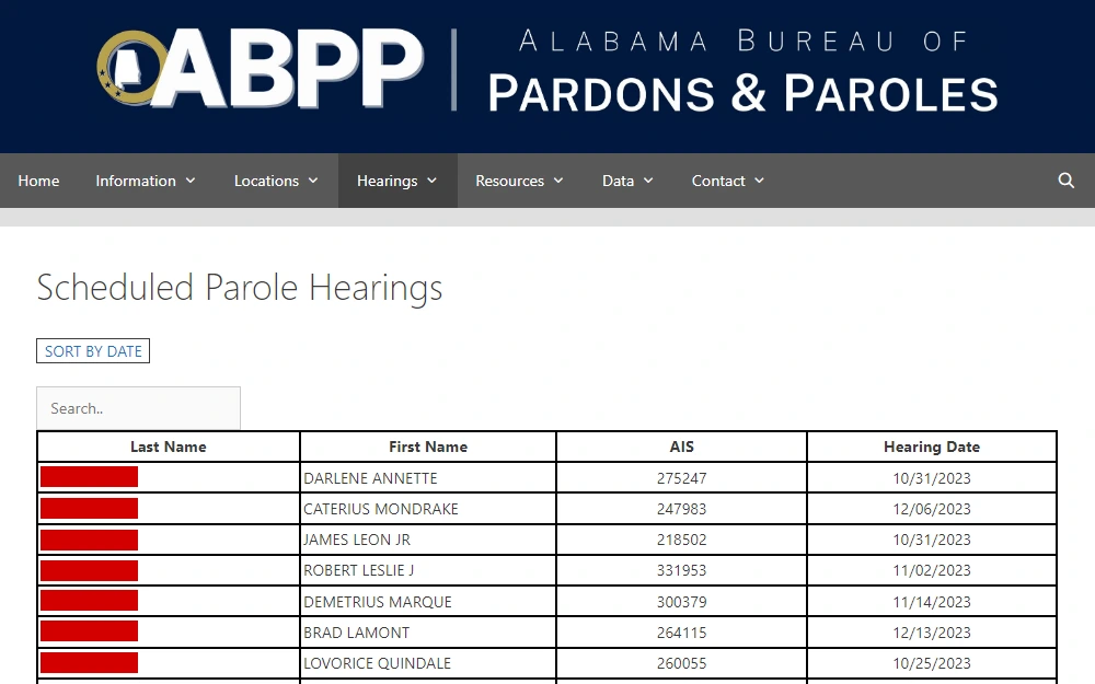 A screenshot of the Alabama Bureau of Pardons & Paroles website displays the scheduled parole hearings with the subject's name, AIS and hearing date.