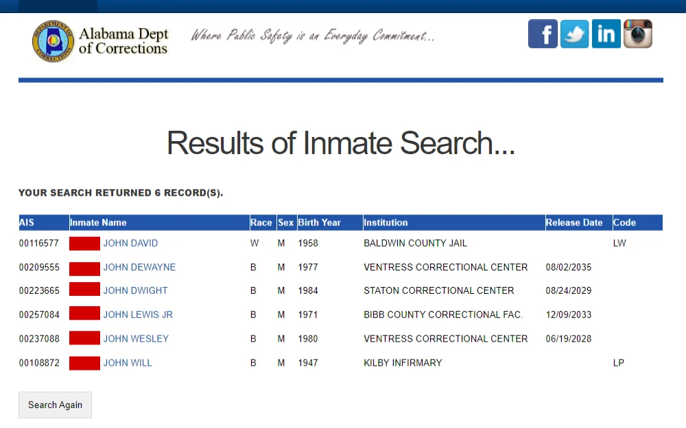 A screenshot of the Alabama Department of Corrections inmate search results shows information such as offender no., Inmate name, race, sex, birth year, institution, release date and code.