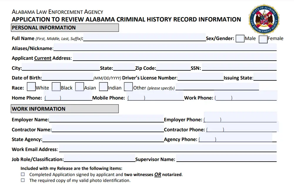A screenshot of the application form for the review of Alabama Criminal History Record Information requires requestors to provide all fields under personal and work information fields.