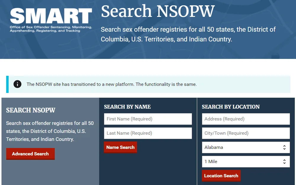 A screenshot of the Dru Sjodin National Sex Offender Public Website shows two options to search: Search by Name or Search by Location, with each required field to search. 