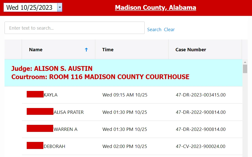 A screenshot of the list of case data dated 10/25/2023 from the Madison County Courthouse page includes the subject's name, court date, and case number.