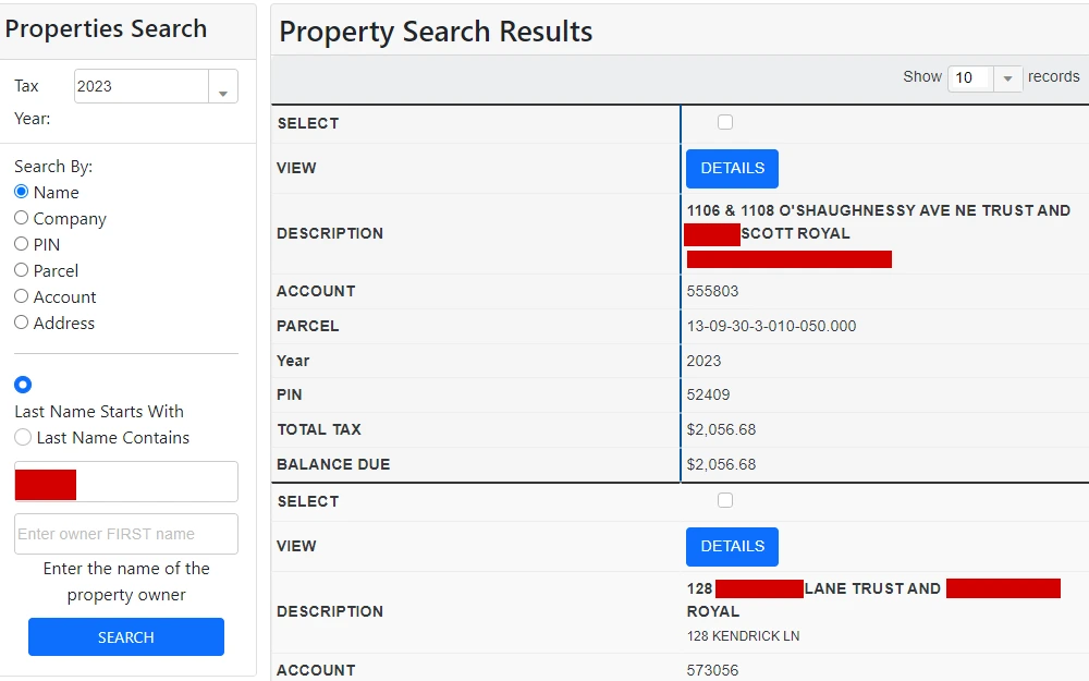 A screenshot of the Madison County Property Appraisal and Tax Payments website displays search results, including owner name, description, account and parcel number, and tax information.