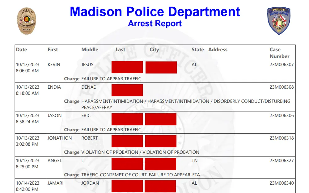 A screenshot of the Madison Police Department arrest report displays information such as date of arrest, offender's full name, address, case number, and department logo at the top.