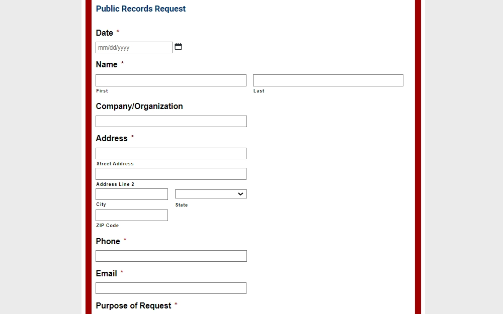 Screenshot of the online public records request form provided by the Birmingham City, Office of Public Information, requiring the date of request, the requester's name, address, and contact information, and purpose of request.
