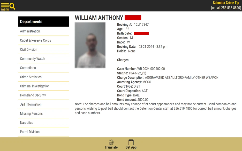 A screenshot of the inmate roster of the Madison County Sheriff's Office showing an inmate's details such as mugshot, demographic information, arrest details, and specific charges, along with a note regarding the variability of charges and bail amounts.