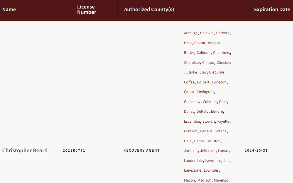 A list of authorized bondsmen in Madison County, Alabama, displaying the first one in the list including the name, license number, authorized counties, and license expiration date.