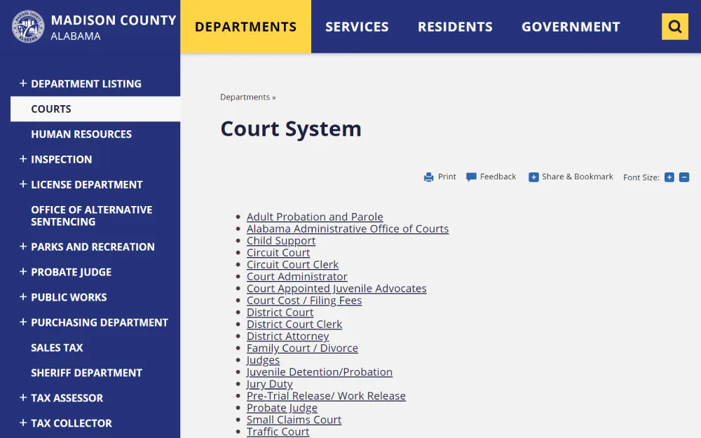 A screenshot from Madison County's official website with links to various departments and services related to the court system, including adult probation, child support, and the sheriff's department.