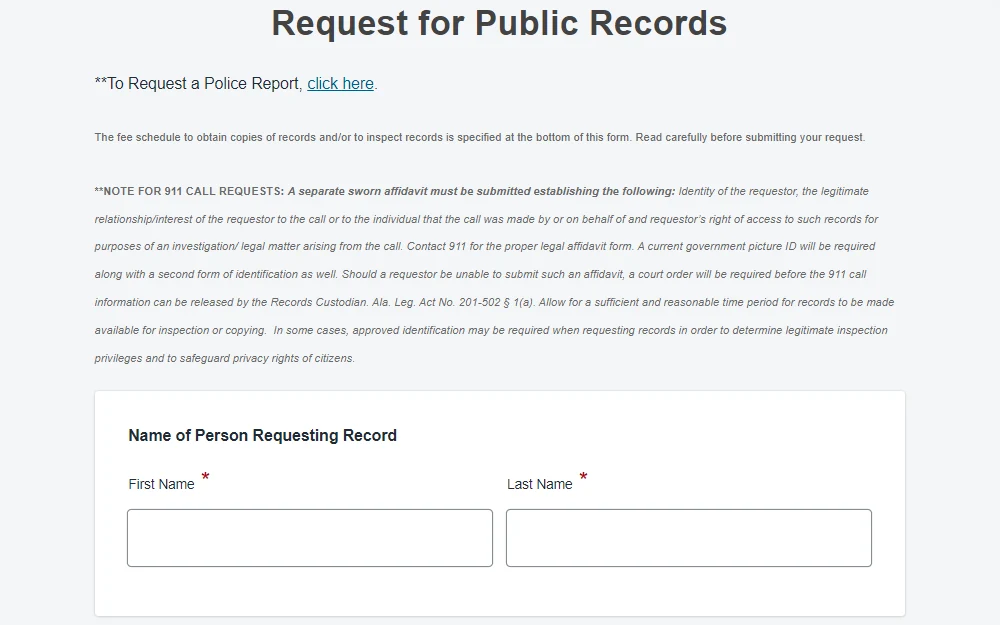 Screenshot of the online form for public records request from the City Clerk of Montgomery displaying a note that informs readers that the fee schedule is specified at the bottom of the form and another one about 911 call requests, followed by the required fields for the first and last names of the requester.