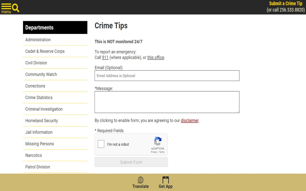 A screenshot from the Madison County Sheriff's Office featuring a submit crime tips form with fields for email and message content includes a disclaimer with instructions for reporting emergencies.