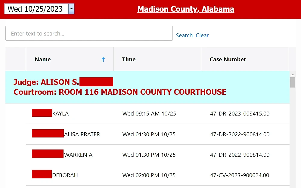 A screenshot of the list of case data dated 10/25/2023 from the Madison County Courthouse page includes the subject's name, court date, and case number.