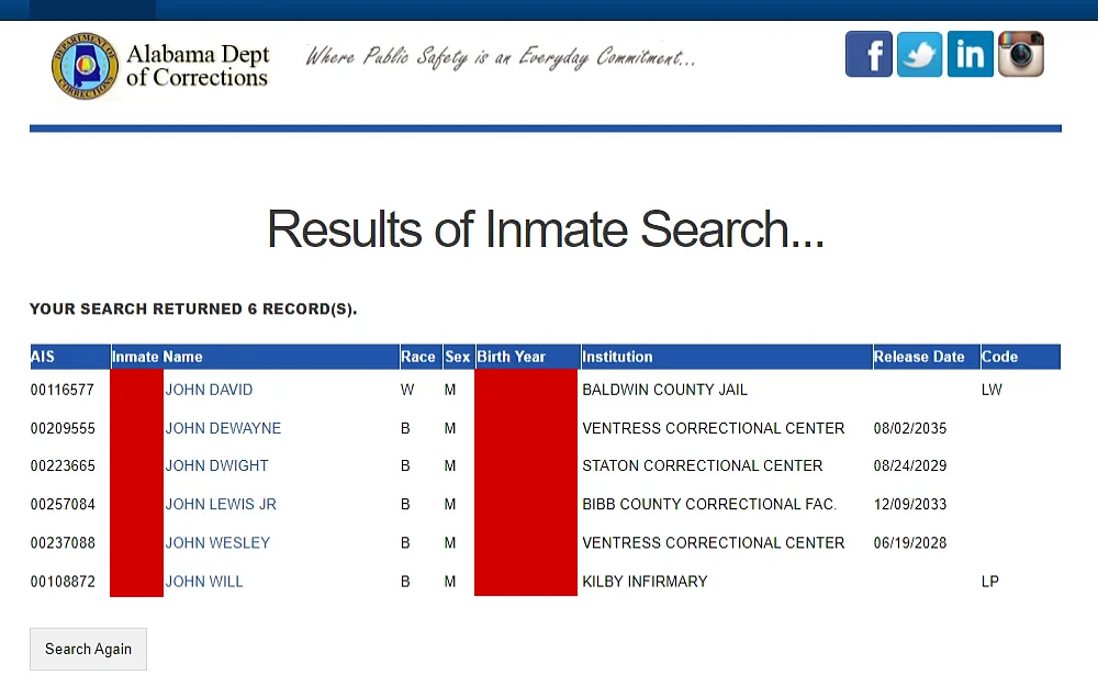 A screenshot of the Alabama Department of Corrections inmate search results shows information such as offender no., Inmate name, race, sex, birth year, institution, release date and code.