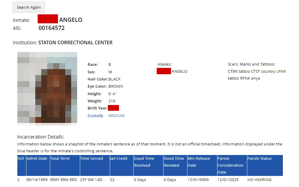 A screenshot from the Alabama Department of Corrections shows an inmate's photo, name, AIS number, race, sex, physical characteristics, birthday, and custody level, followed by a table for the incarceration details.