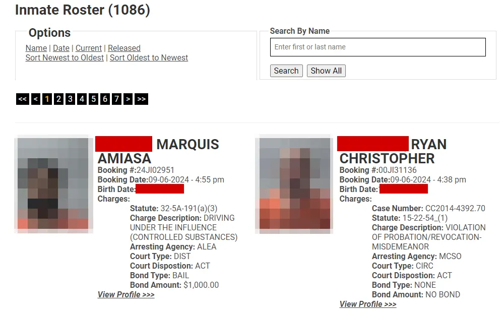 A screenshot taken from the current inmate roster page of Madison County Sheriff's Office displays mugshots of offenders, their name, booking number and date, date of birth, and charges, with a search bar located at the upper right corner of the photo and additional options at the opposite side.